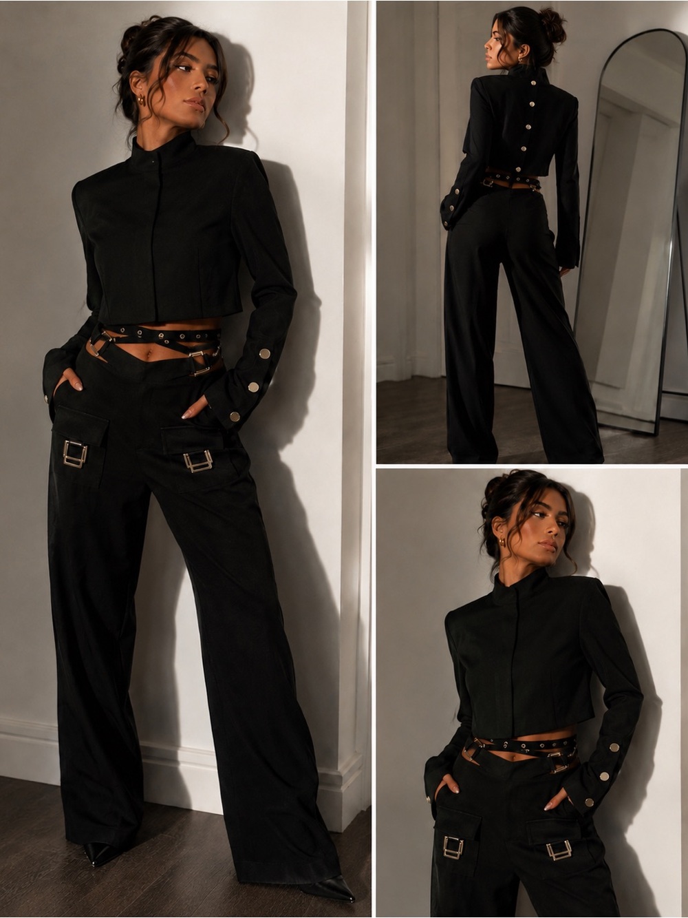 2pc set High-Waist Wide Leg Black Pants with Buckle Pocket Detail